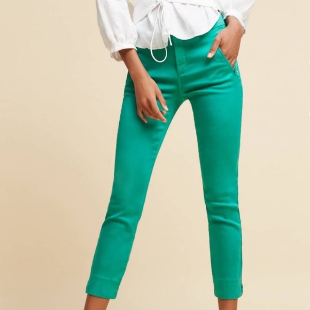 Anthropologie Level 99 Liza Sateen Skinny Green Crop Pant Trouser Size 30 Petite